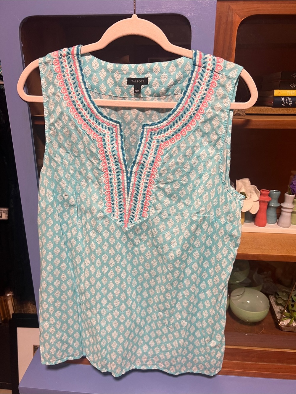 Talbots Turquoise Sleeveless Embroidered Split-Neck Camisole